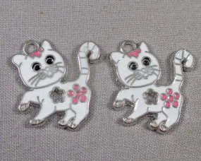 50% OFF!! Cat Charm Silver Tone White Enamel 4pcs (0690)