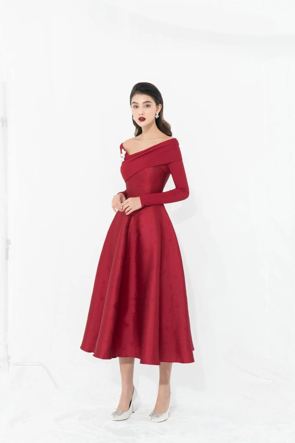 Aldona Fit and Flare Long Sleeved Taffeta Midi Dress