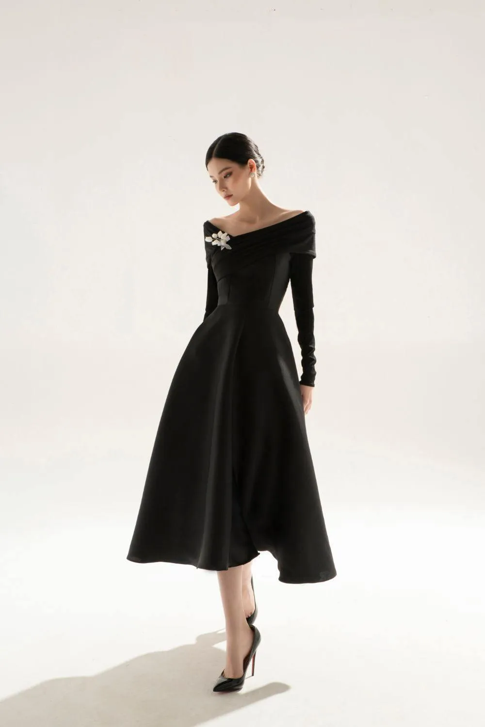 Aldona Fit and Flare Long Sleeved Taffeta Midi Dress