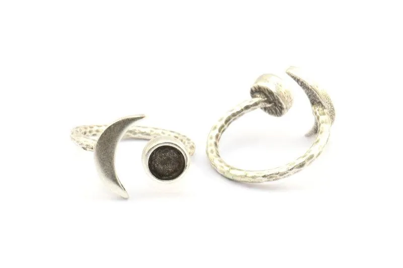 Antique Silver Ring Settings, 3 Antique Silver Plated Brass Moon And Planet Ring With 1 Stone Setting - Pad Size 6.2mm BS 1964 H0588