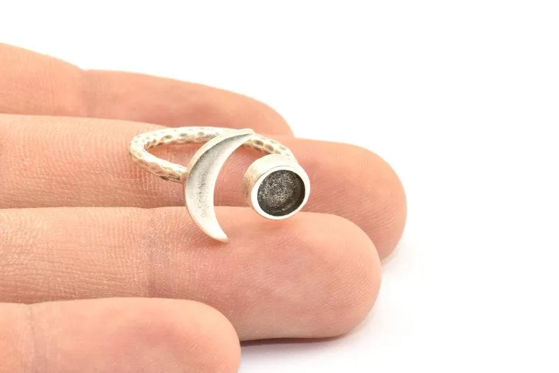 Antique Silver Ring Settings, 3 Antique Silver Plated Brass Moon And Planet Ring With 1 Stone Setting - Pad Size 6.2mm BS 1964 H0588