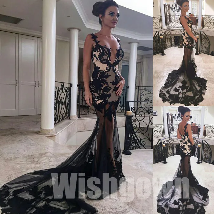 Black Seen Through Sexy Spaghetti Strap Lace Mermaid Long Prom Dresses, WG1073