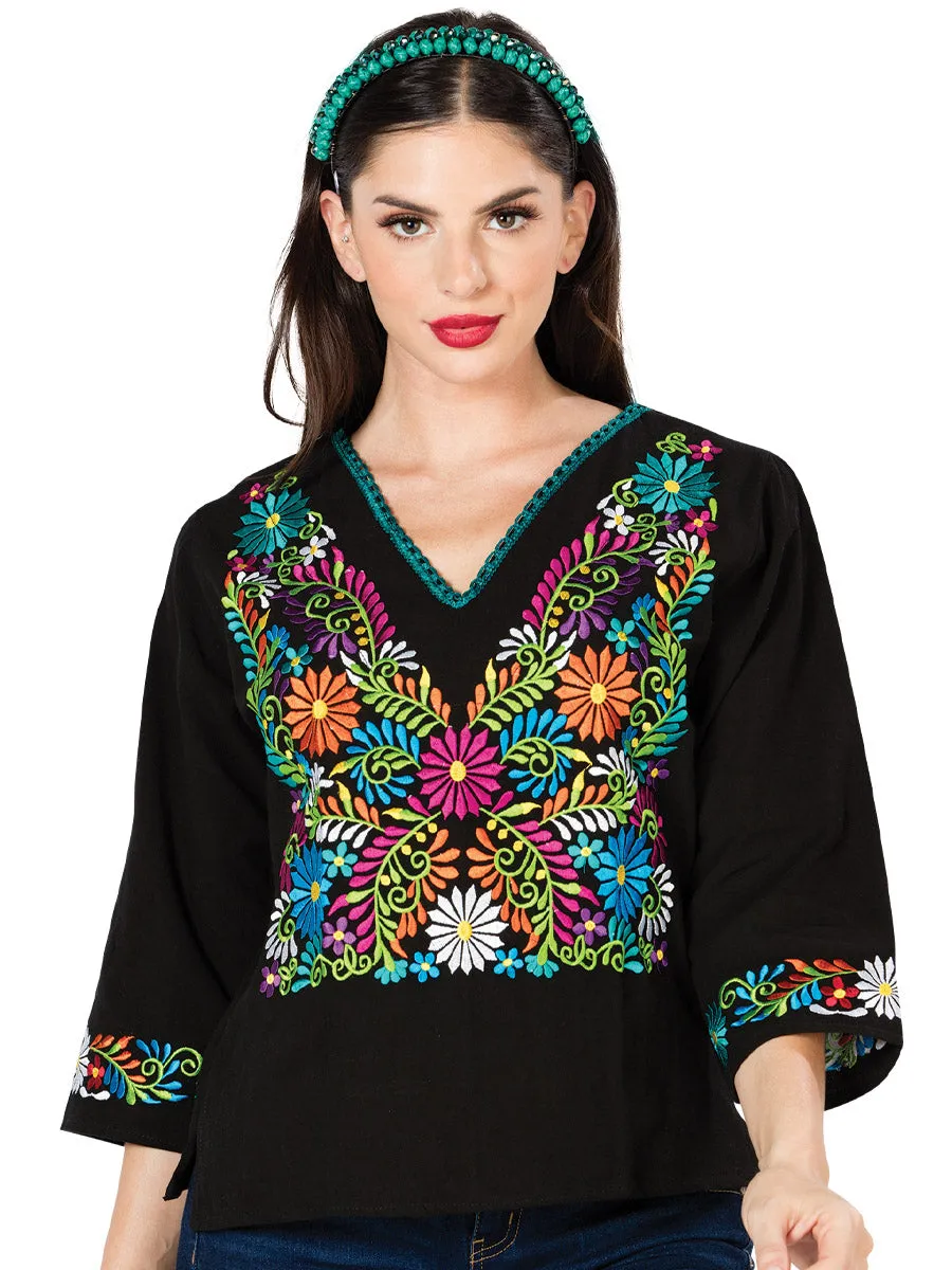 Blusa Artesanal Cuello V Bordada de Flores para Mujer