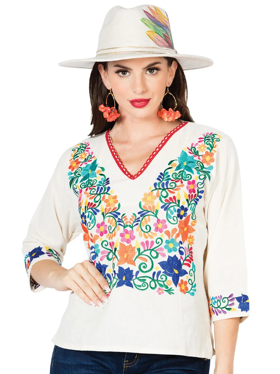 Blusa Artesanal Cuello V Bordada de Flores para Mujer