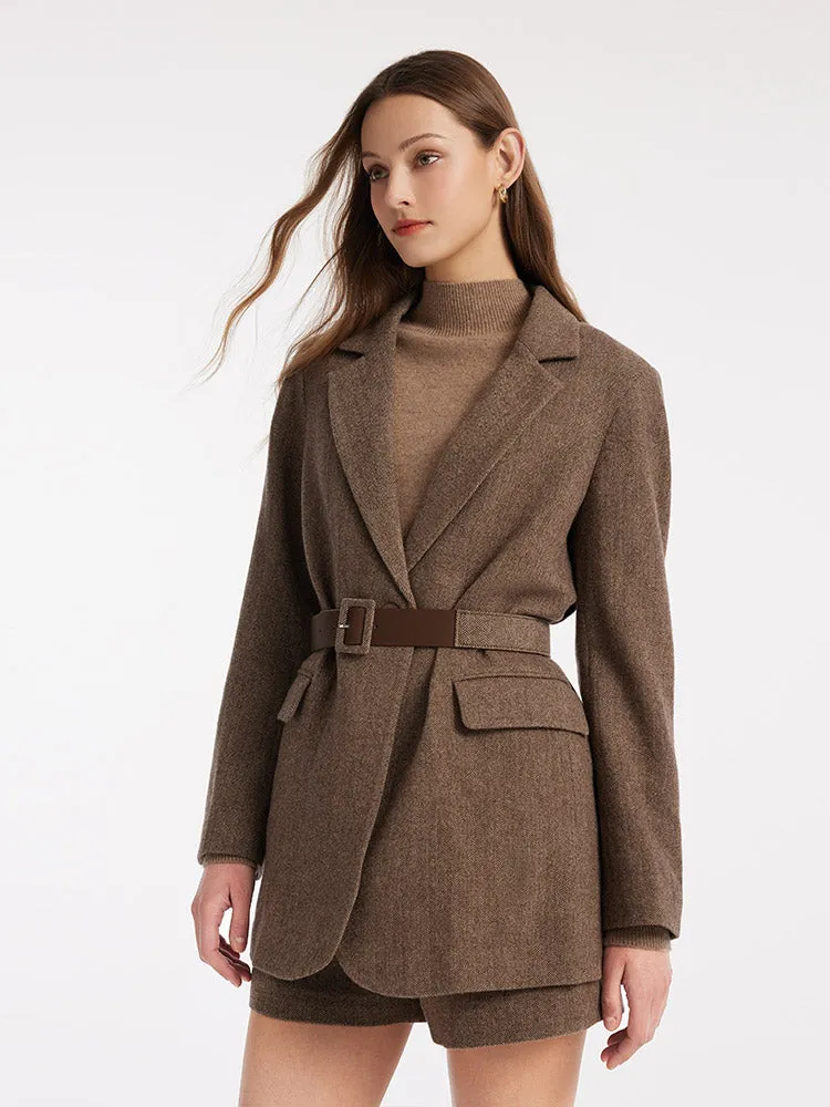 Brown Washable Woolen Sheath Gathered Waist Blazer