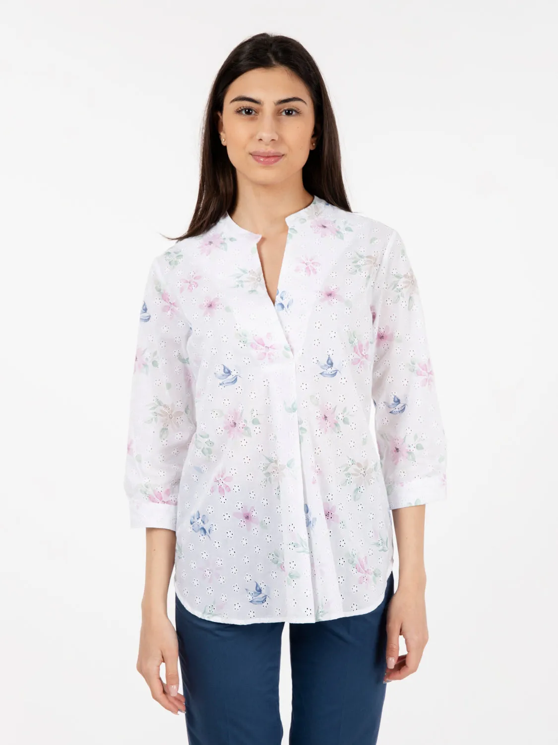 Camicia in sangallo fantasia floreale bianca / rosa / verde