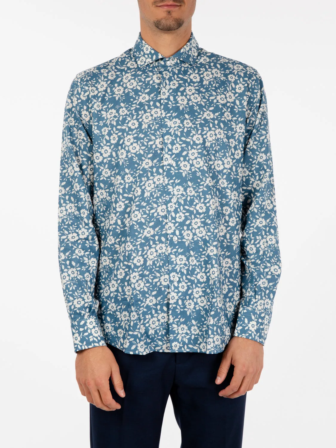 Camicia lino e viscosa fantasia floreale blu