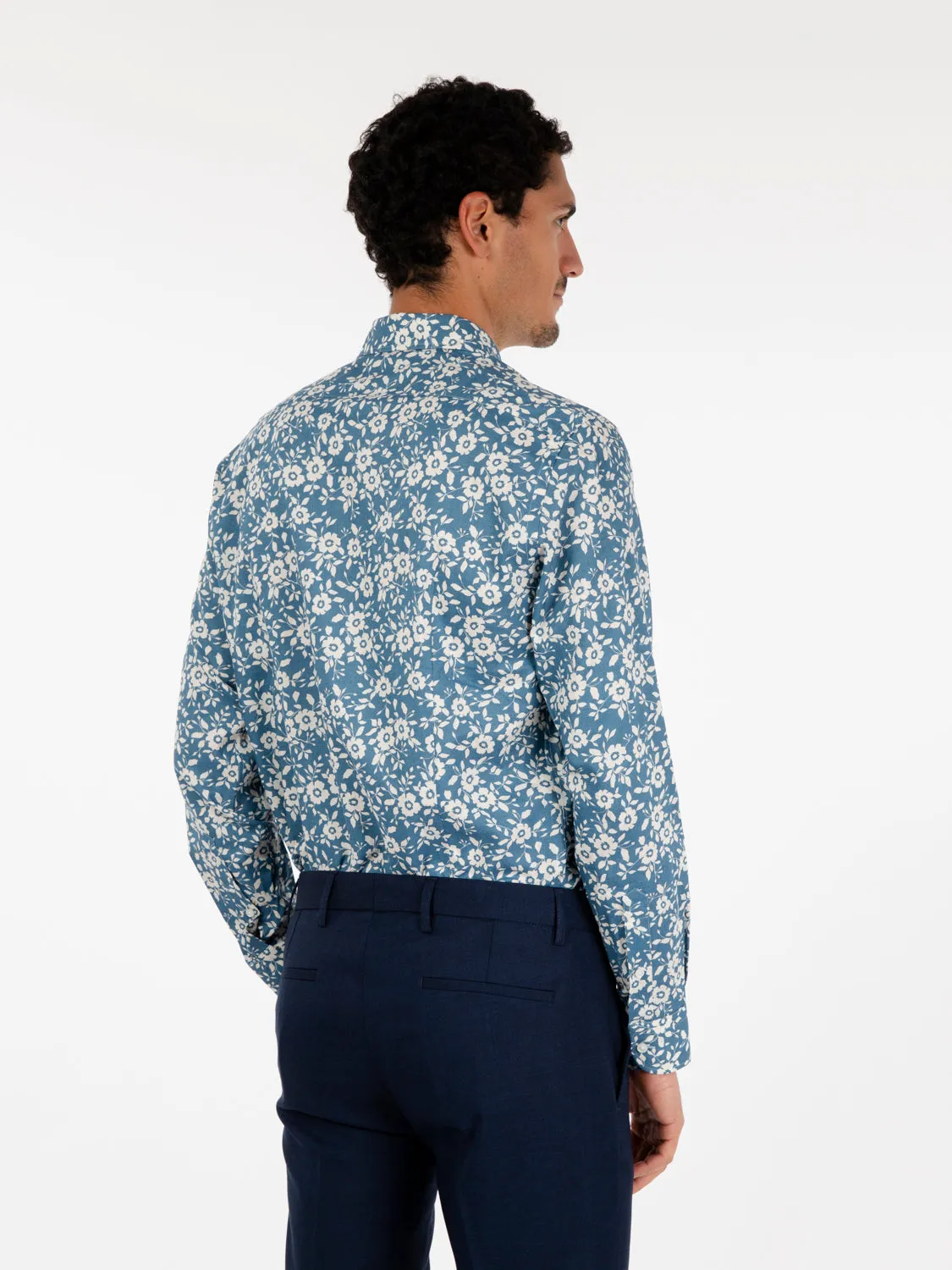 Camicia lino e viscosa fantasia floreale blu