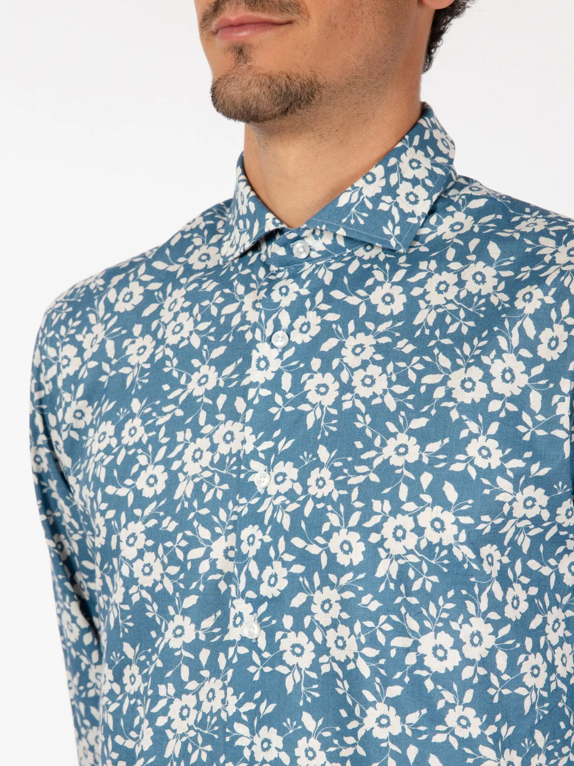 Camicia lino e viscosa fantasia floreale blu