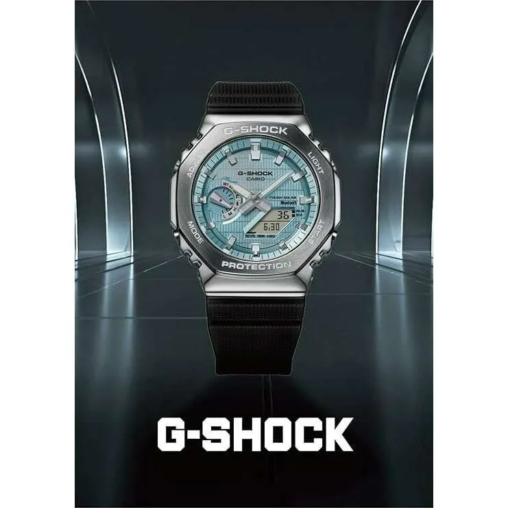 CASIO G-SHOCK METAL COVERED BLUETOOTH SOLAR SILVER & GREEN DIAL MEN WATCH GBM-2100A-1A3JF