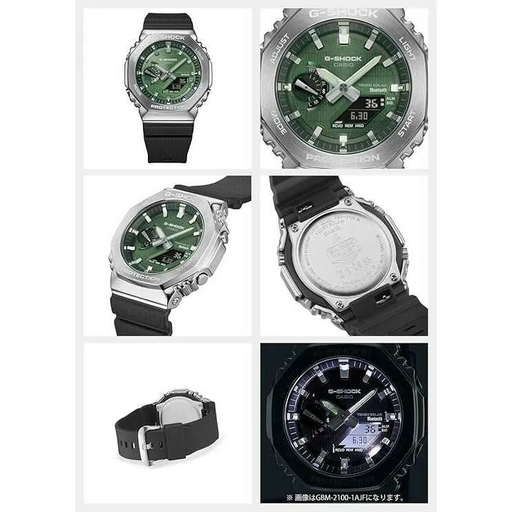 CASIO G-SHOCK METAL COVERED BLUETOOTH SOLAR SILVER & GREEN DIAL MEN WATCH GBM-2100A-1A3JF