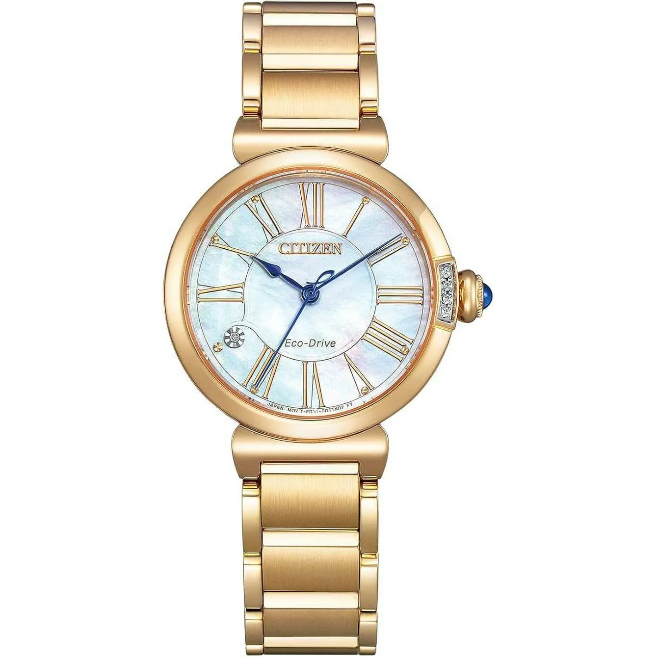 CITIZEN ECO-DRIVE DIAMONDS WARM GOLD STRAP PEARL COLORED DIAL LADIES WATCH EM1063-89D