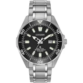 CITIZEN ECO DRIVE DIVER'S 200M SILVER STRAP BLACK DIAL MEN WATCH BN0200-56E