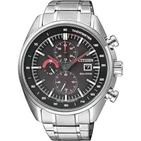 CITIZEN ECO-DRIVE TACHYMETER SILVER STRAP BLACK & RED DIAL MEN WATCH CA0590-58E