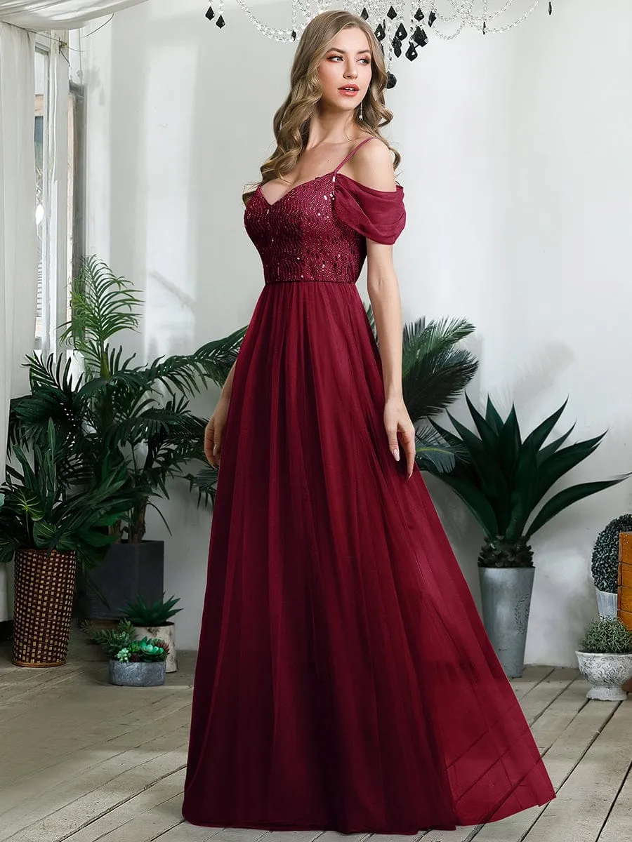 Custom Size Sequin Bodice Cold Shoulder Floor Length Tulle Bridesmaid Dress