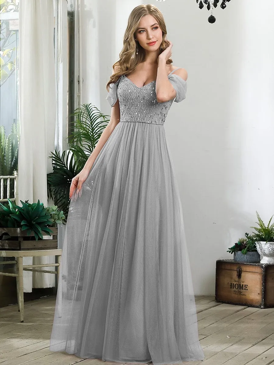 Custom Size Sequin Bodice Cold Shoulder Floor Length Tulle Bridesmaid Dress