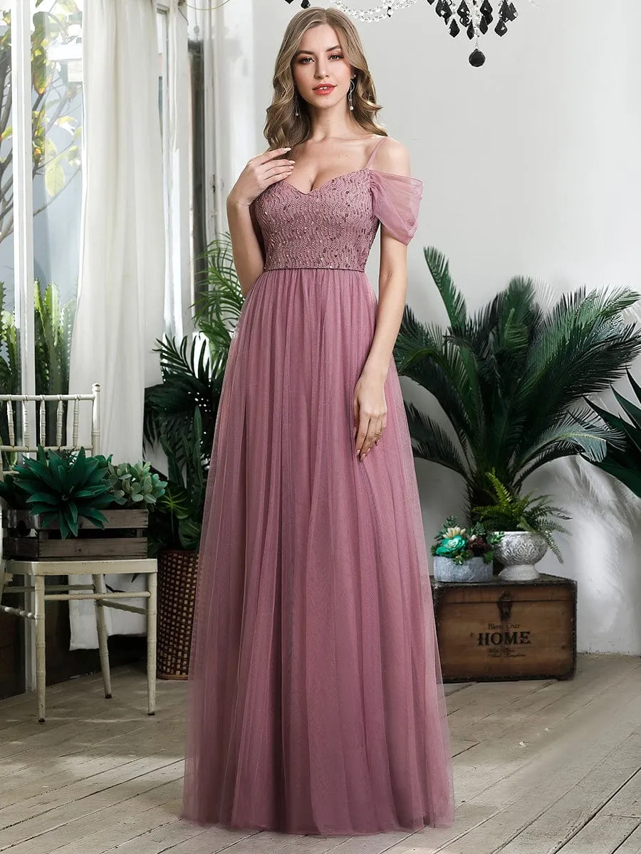 Custom Size Sequin Bodice Cold Shoulder Floor Length Tulle Bridesmaid Dress