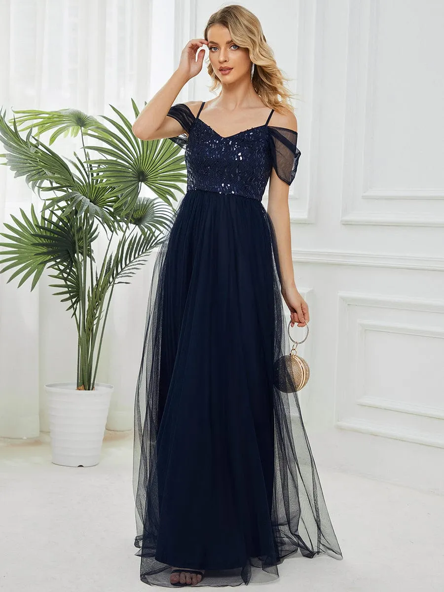 Custom Size Sequin Bodice Cold Shoulder Floor Length Tulle Bridesmaid Dress