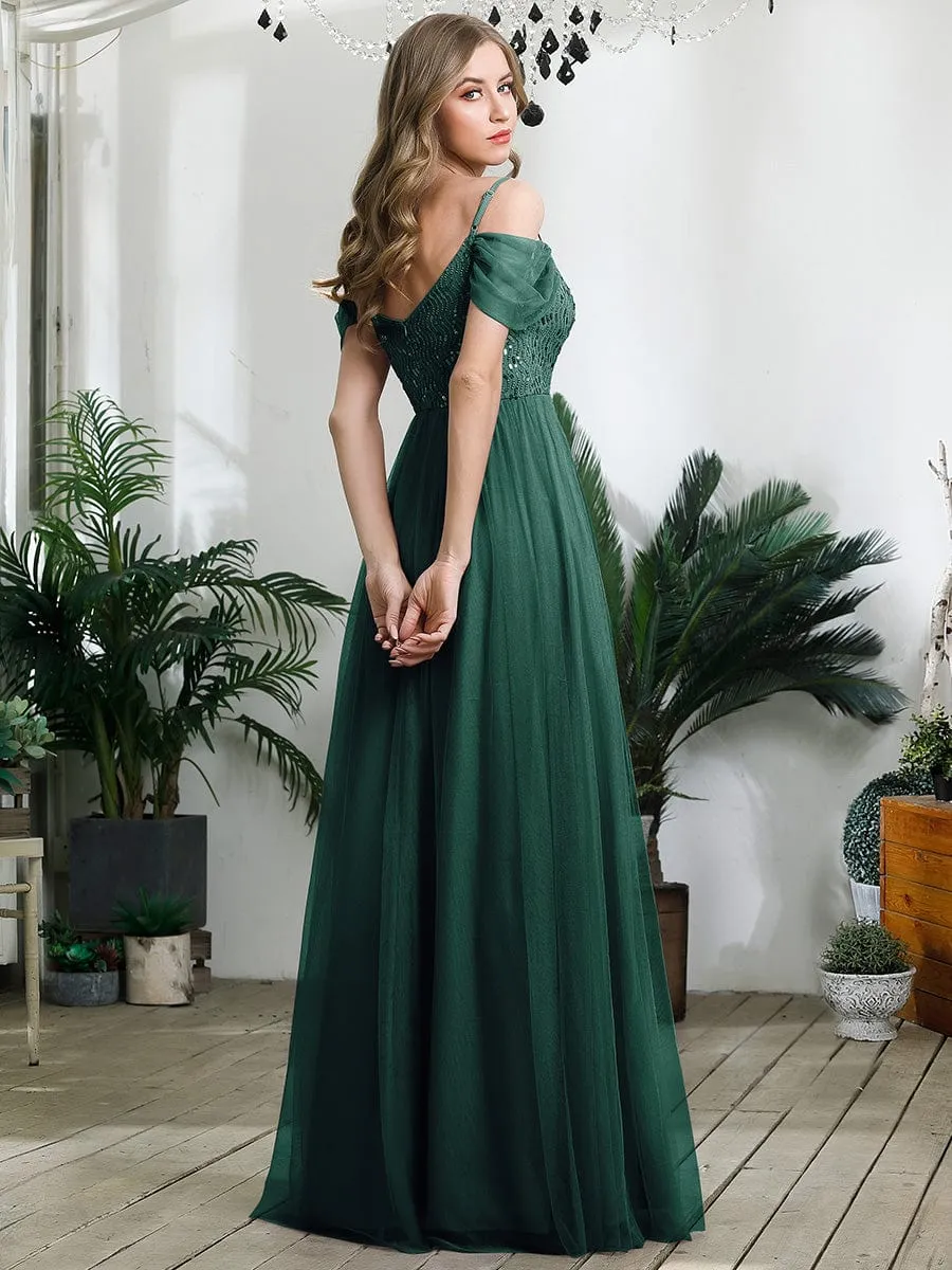 Custom Size Sequin Bodice Cold Shoulder Floor Length Tulle Bridesmaid Dress