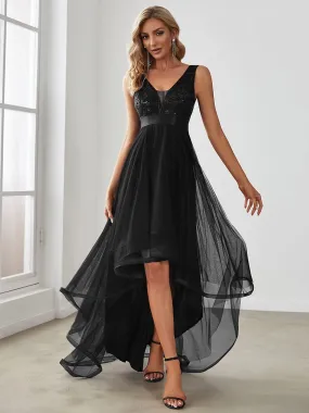 Fashion High-Low Deep V Neck Tulle Prom Dresses with Sequin Appliques