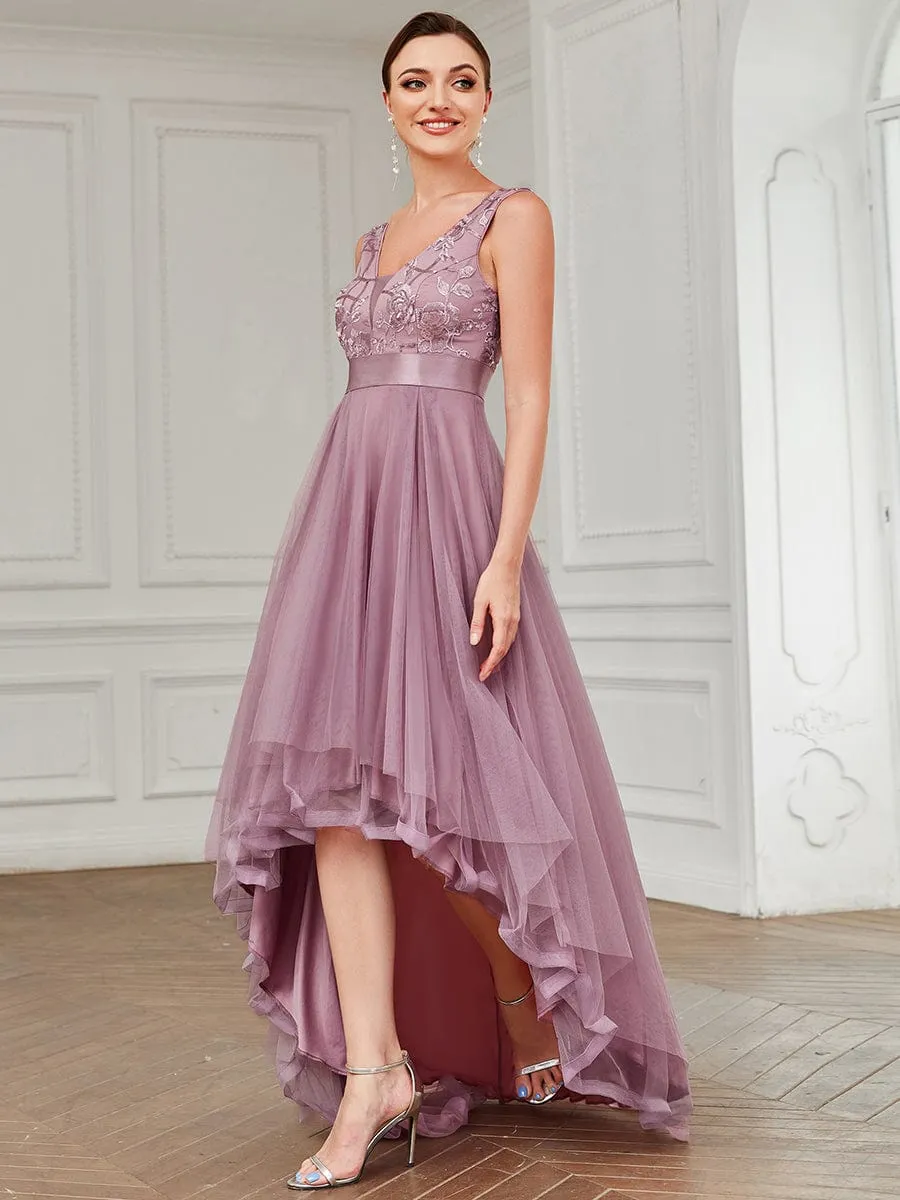 Fashion High-Low Deep V Neck Tulle Prom Dresses with Sequin Appliques