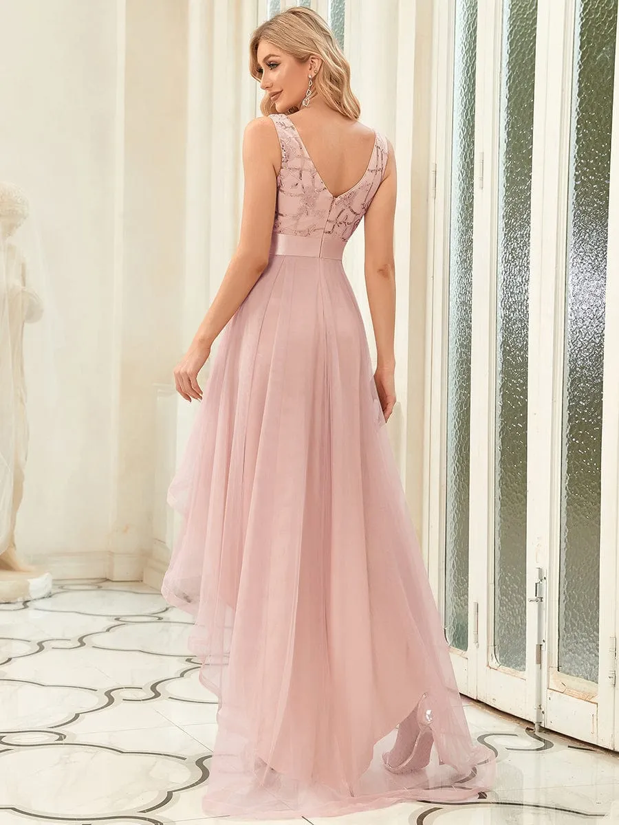 Fashion High-Low Deep V Neck Tulle Prom Dresses with Sequin Appliques