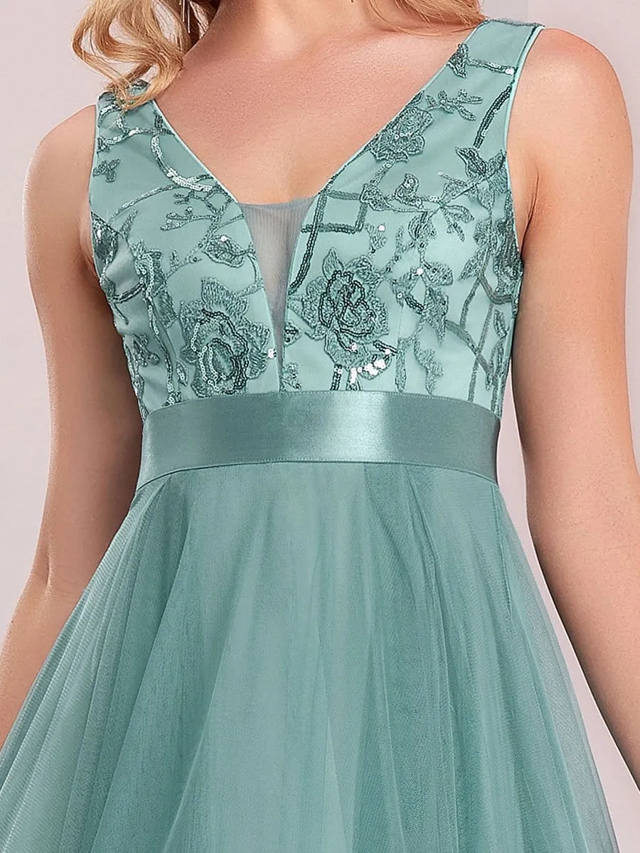 Fashion High-Low Deep V Neck Tulle Prom Dresses with Sequin Appliques