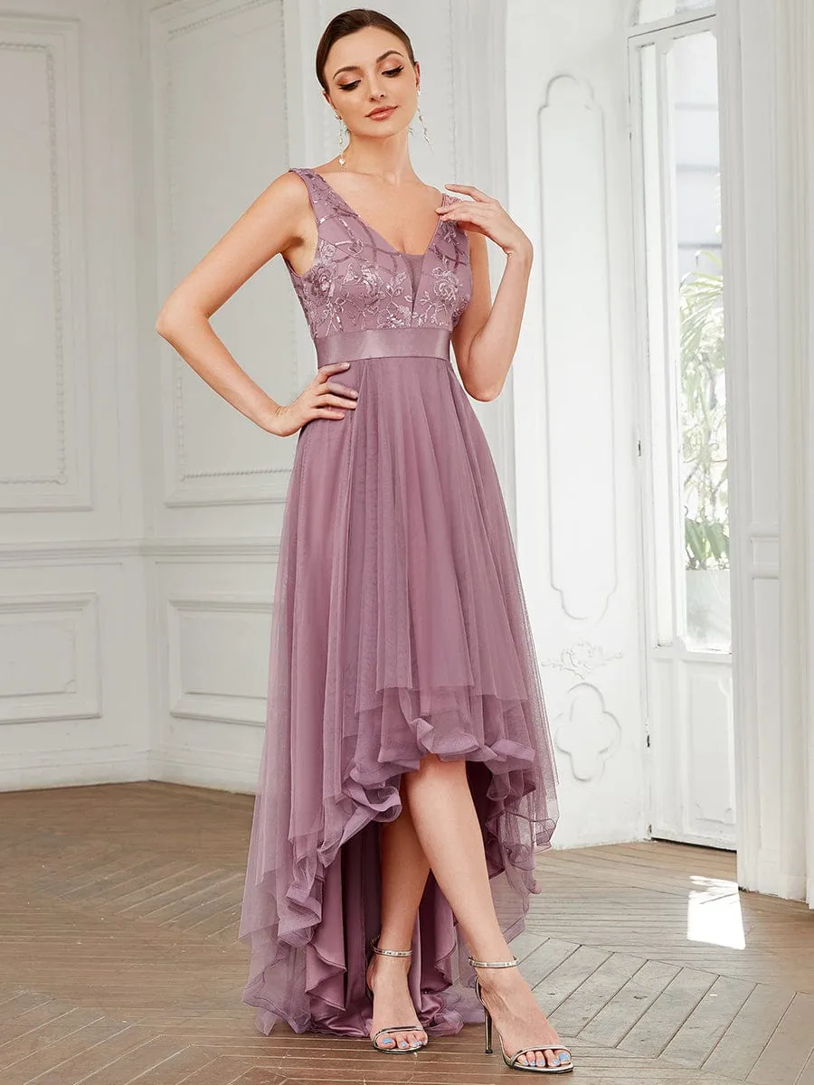 Fashion High-Low Deep V Neck Tulle Prom Dresses with Sequin Appliques