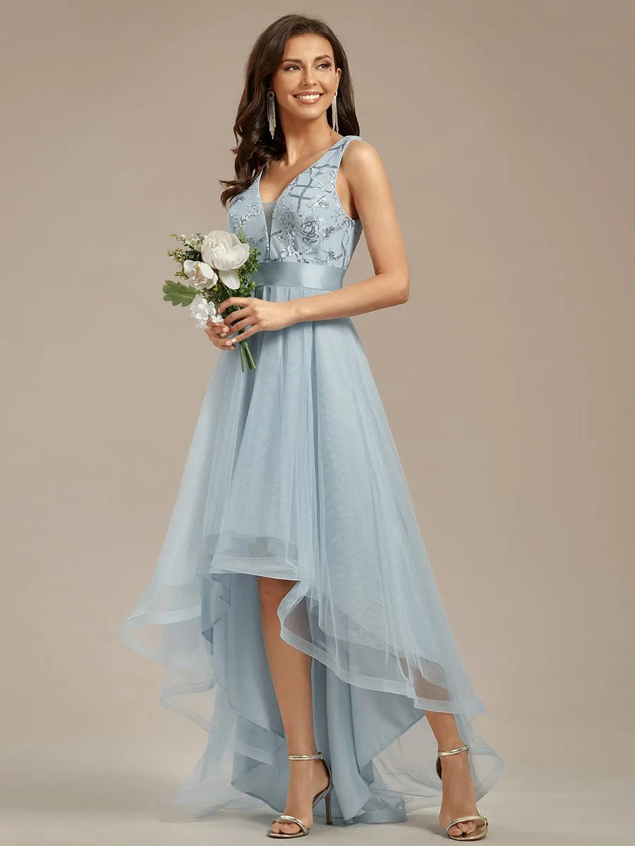 Fashion High-Low Deep V Neck Tulle Prom Dresses with Sequin Appliques