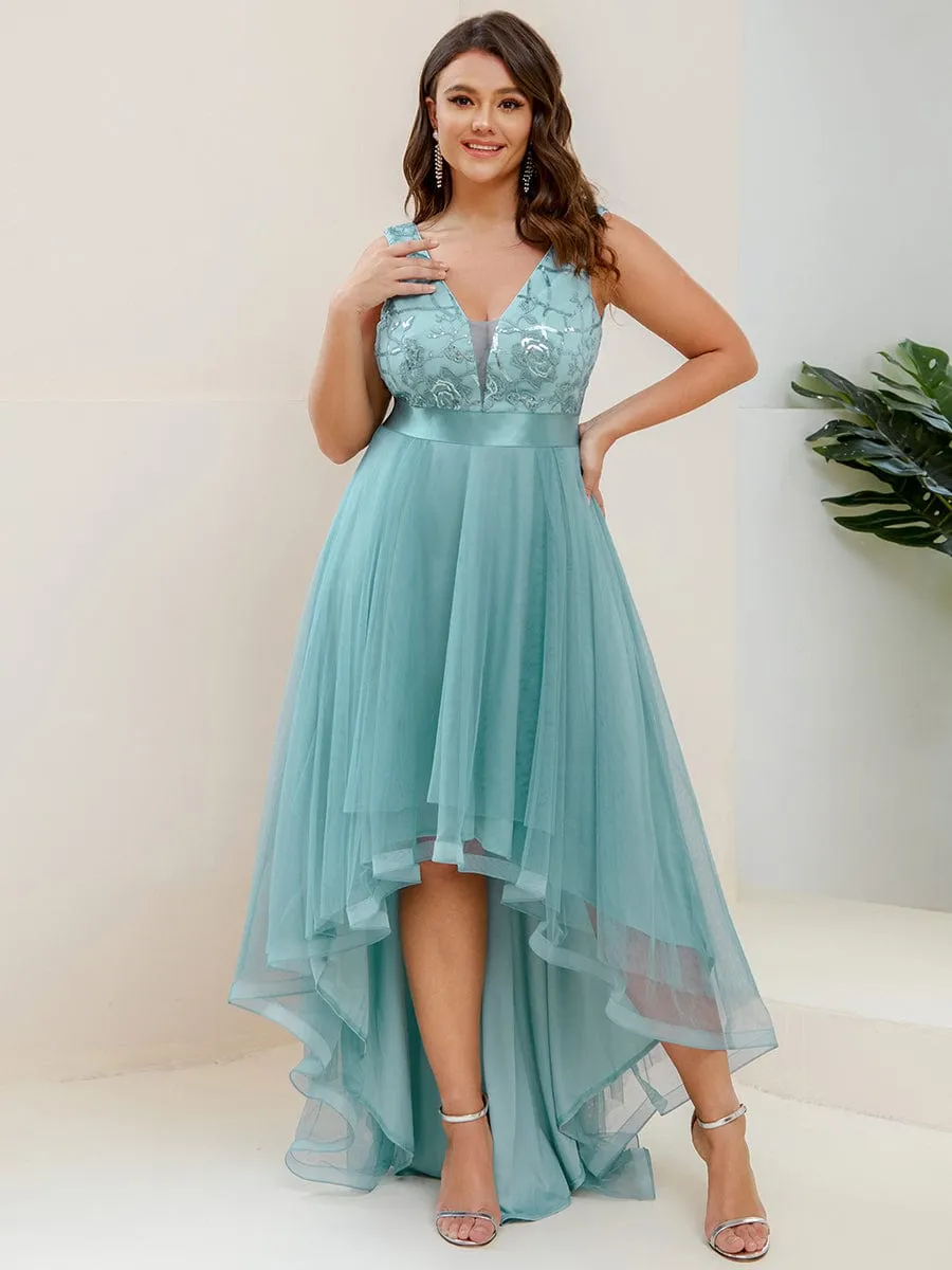 Fashion High-Low Deep V Neck Tulle Prom Dresses with Sequin Appliques