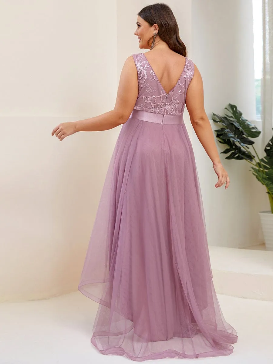 Fashion High-Low Deep V Neck Tulle Prom Dresses with Sequin Appliques