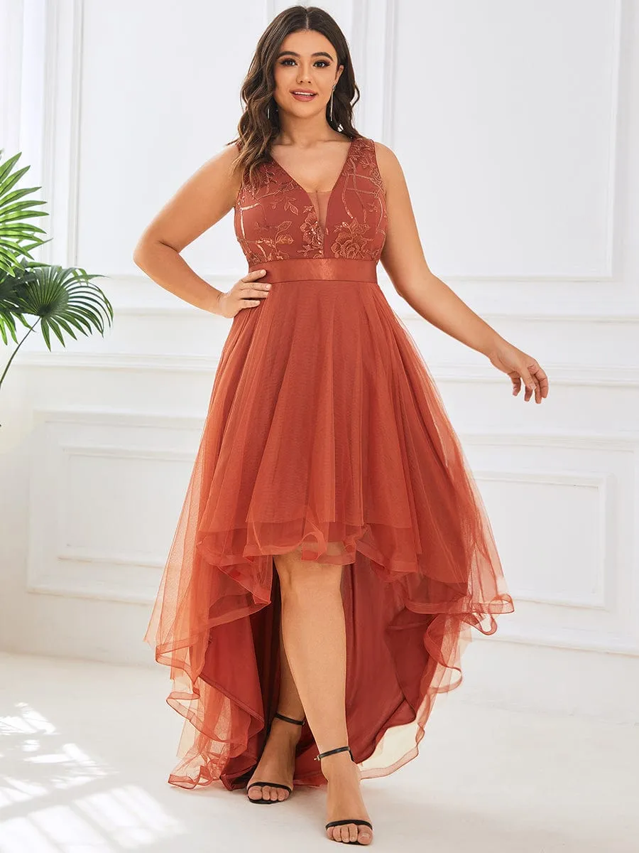 Fashion High-Low Deep V Neck Tulle Prom Dresses with Sequin Appliques