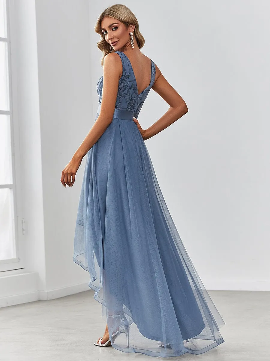 Fashion High-Low Deep V Neck Tulle Prom Dresses with Sequin Appliques