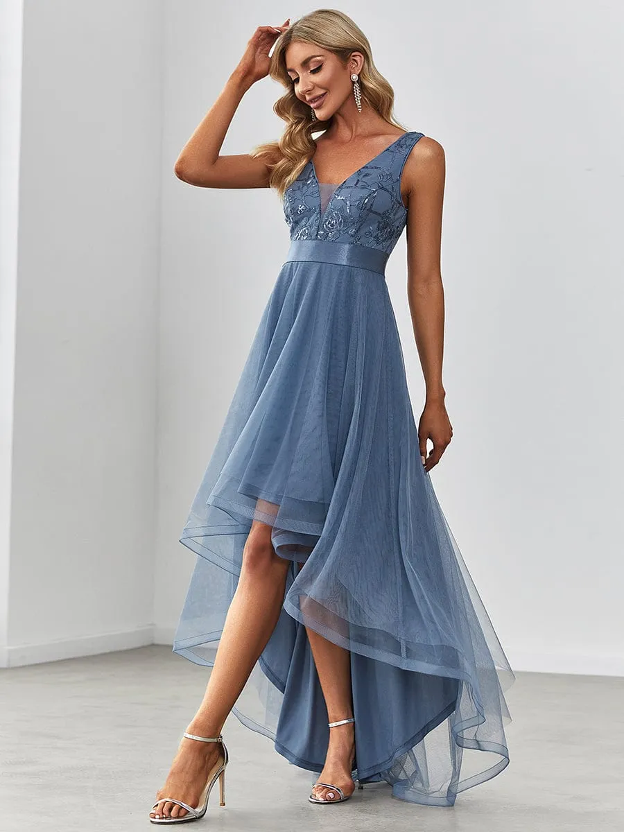 Fashion High-Low Deep V Neck Tulle Prom Dresses with Sequin Appliques