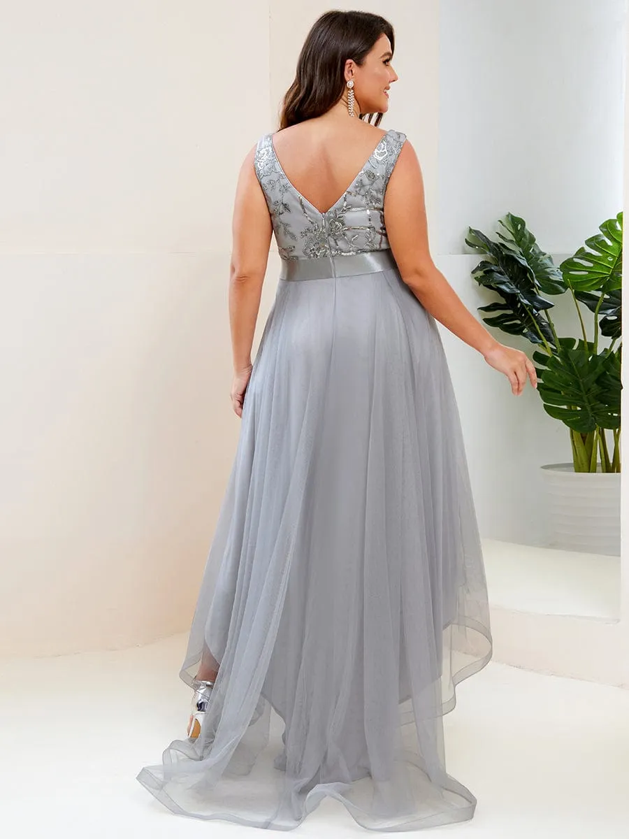 Fashion High-Low Deep V Neck Tulle Prom Dresses with Sequin Appliques