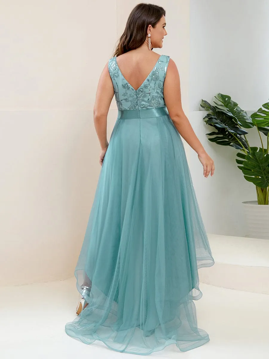 Fashion High-Low Deep V Neck Tulle Prom Dresses with Sequin Appliques