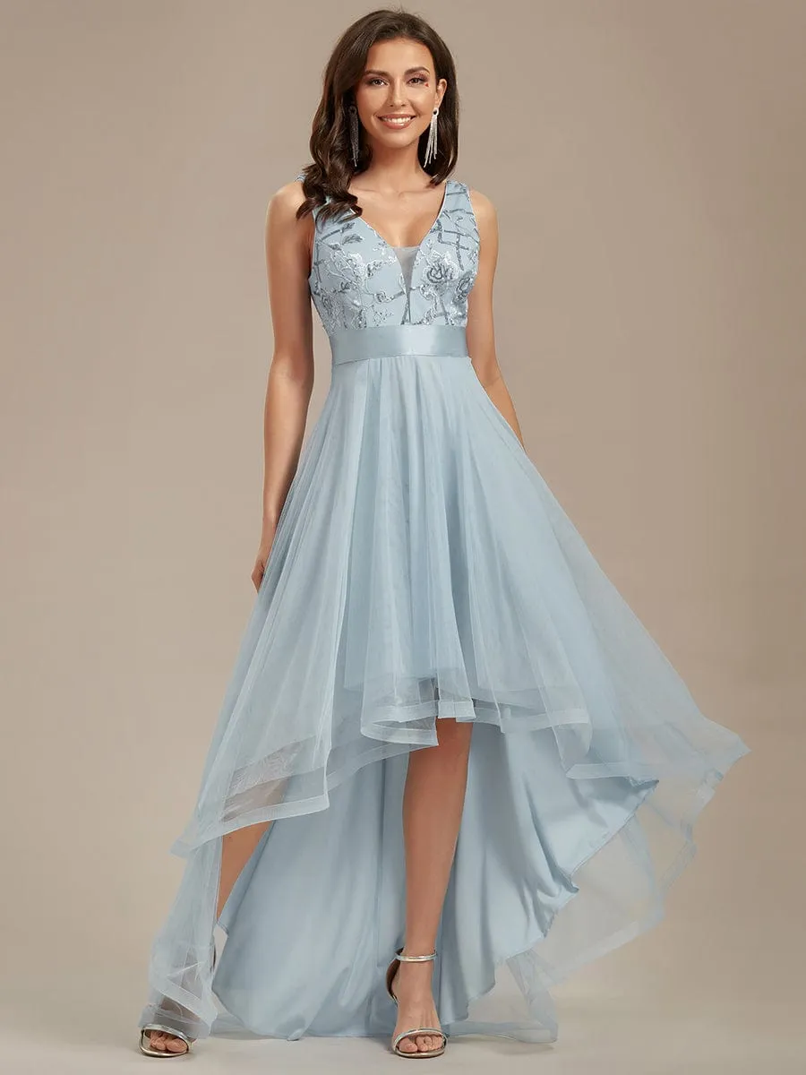 Fashion High-Low Deep V Neck Tulle Prom Dresses with Sequin Appliques