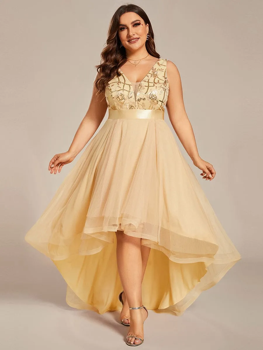 Fashion High-Low Deep V Neck Tulle Prom Dresses with Sequin Appliques