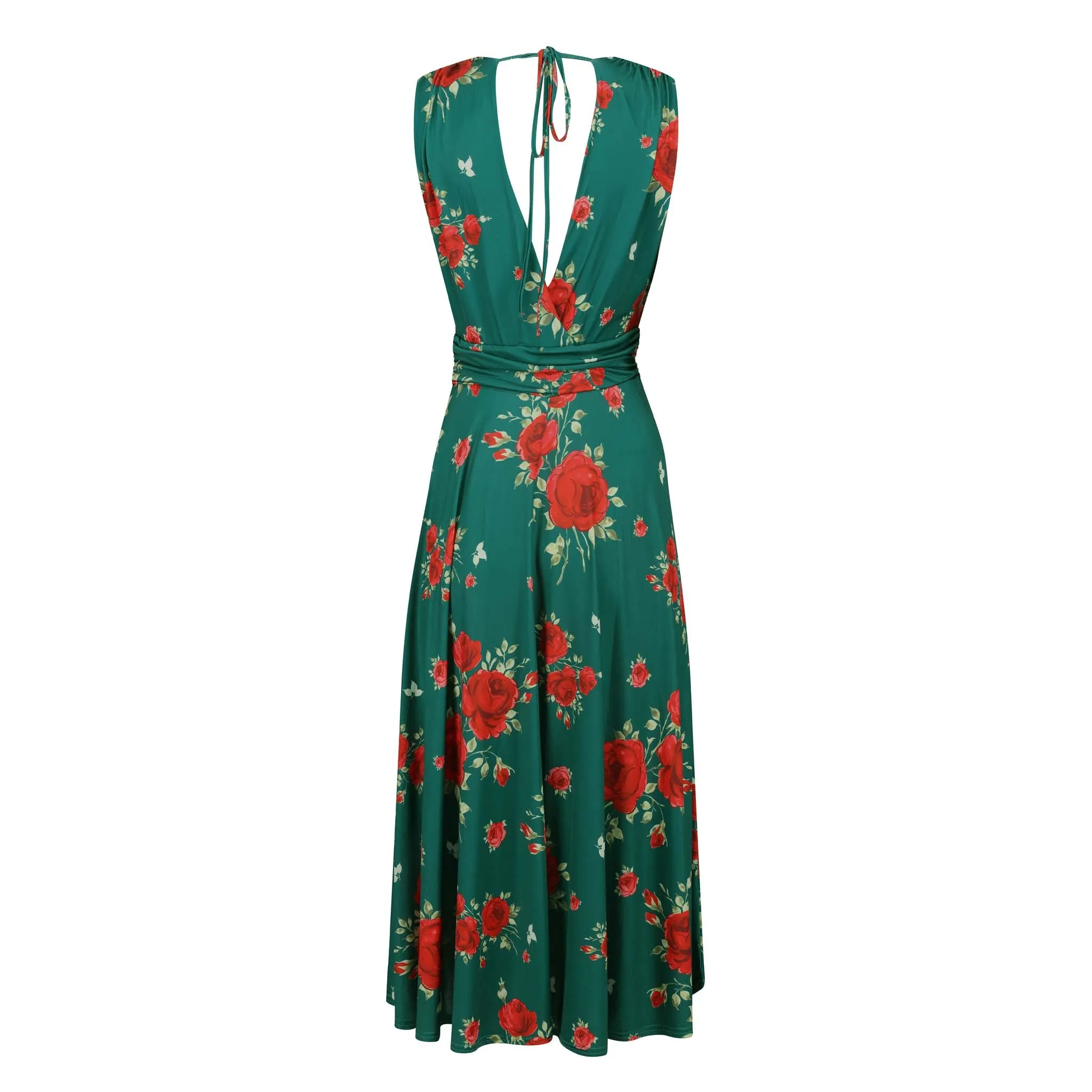 Green And Red Floral Print V Neck Crossover Top Empire Waist Swing Dress