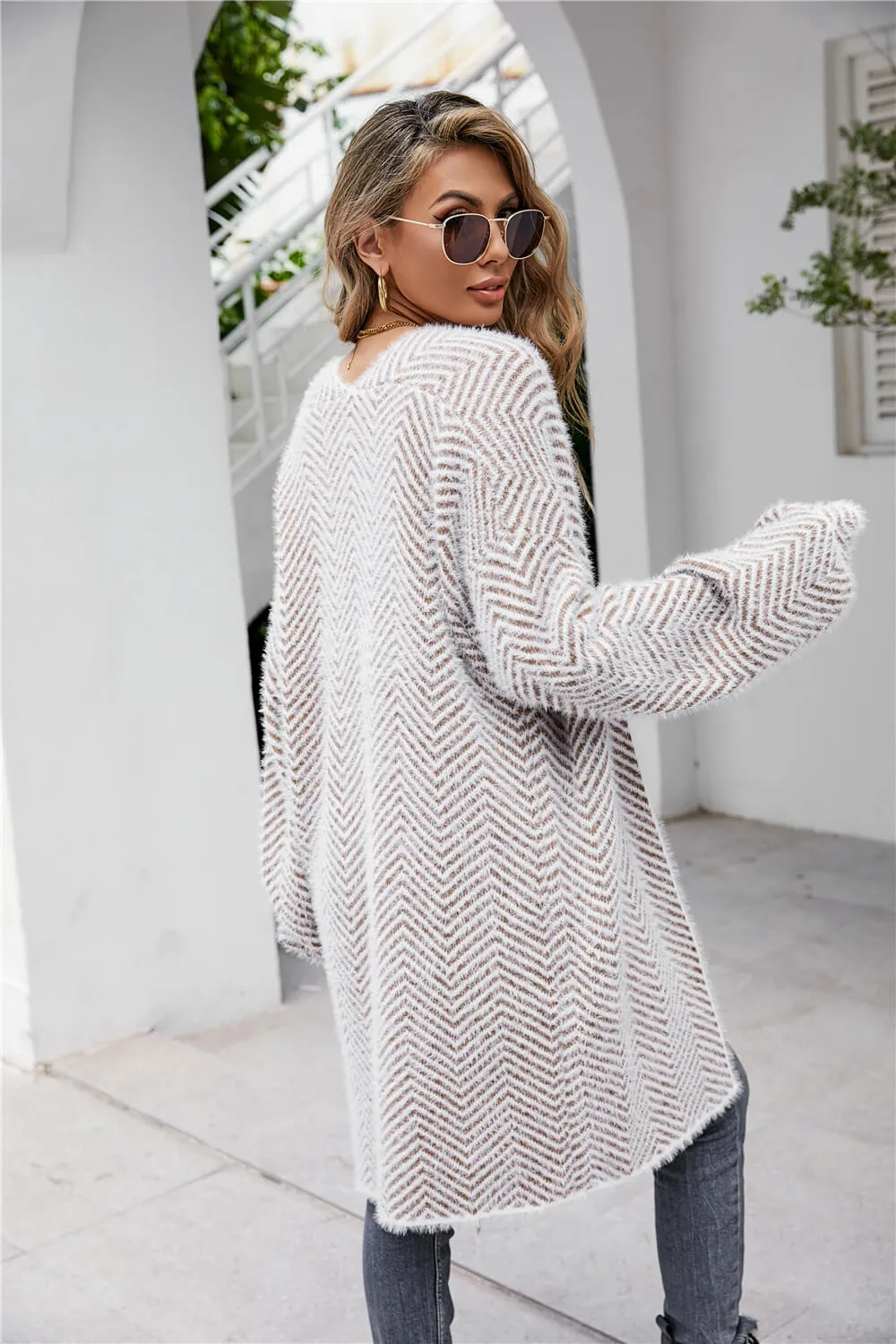 Herringbone Longline Fuzzy Cardigan