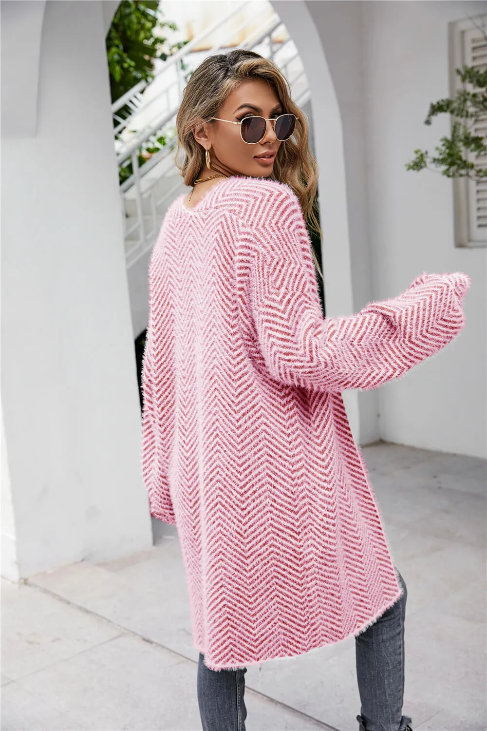 Herringbone Longline Fuzzy Cardigan