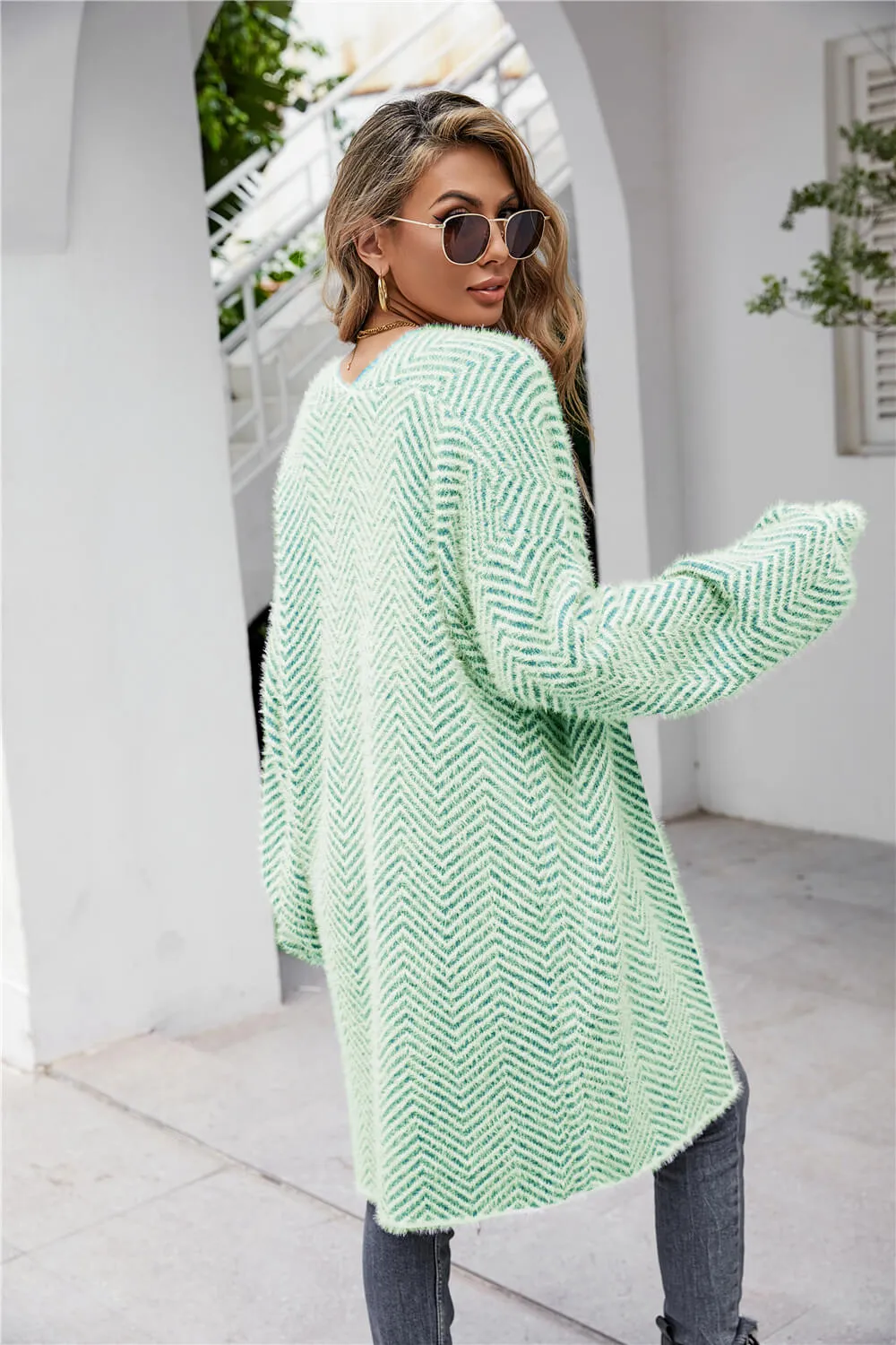 Herringbone Longline Fuzzy Cardigan