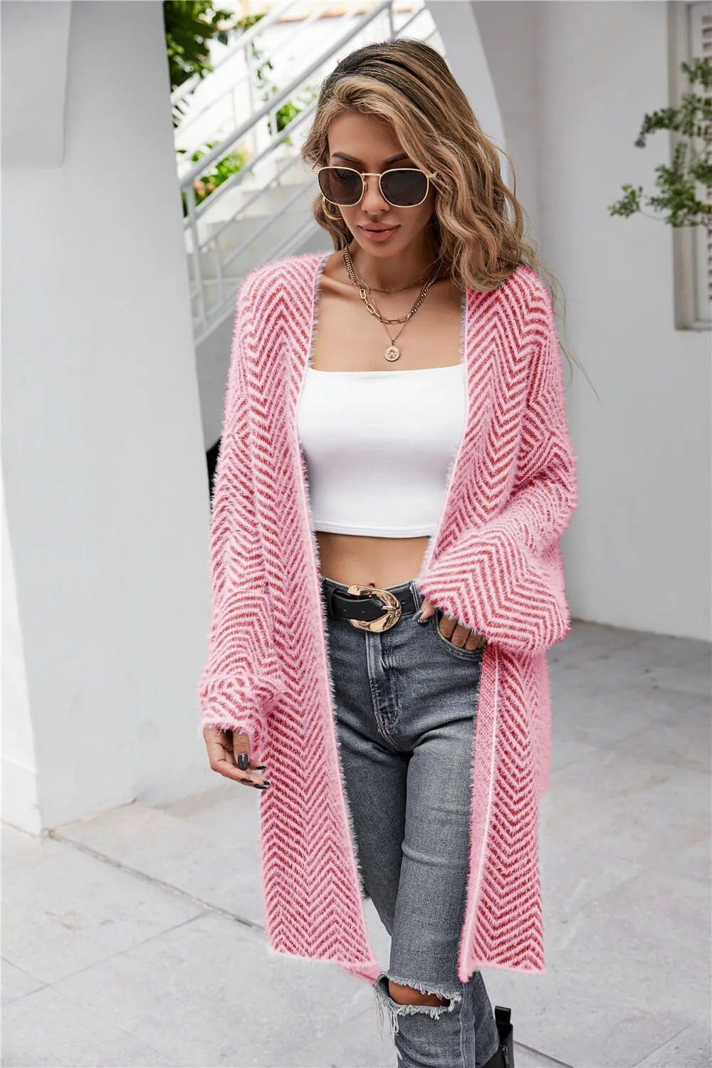 Herringbone Longline Fuzzy Cardigan