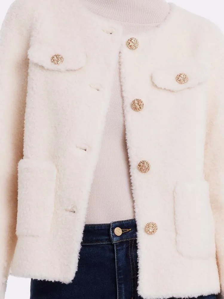 Lamb Wool Round Neck Crop Women Coat