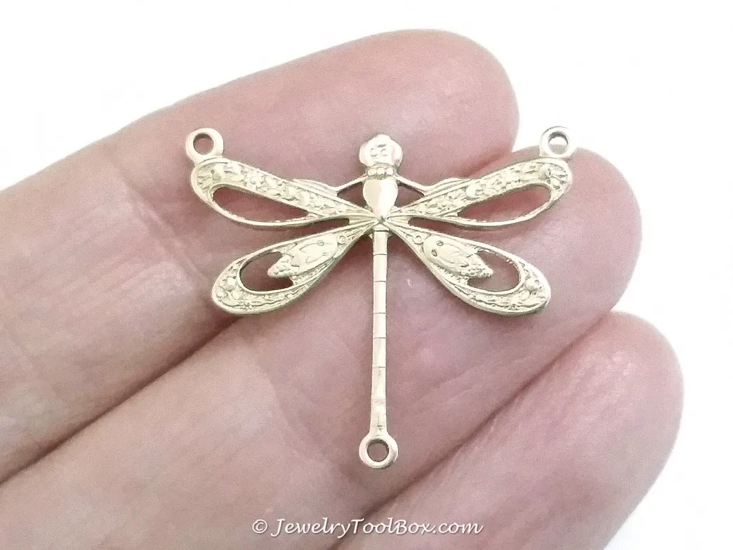 Large Filigree Dragonfly Pendant Connector Charm, 3 Loops, Brass, Lot Size 10, #10R