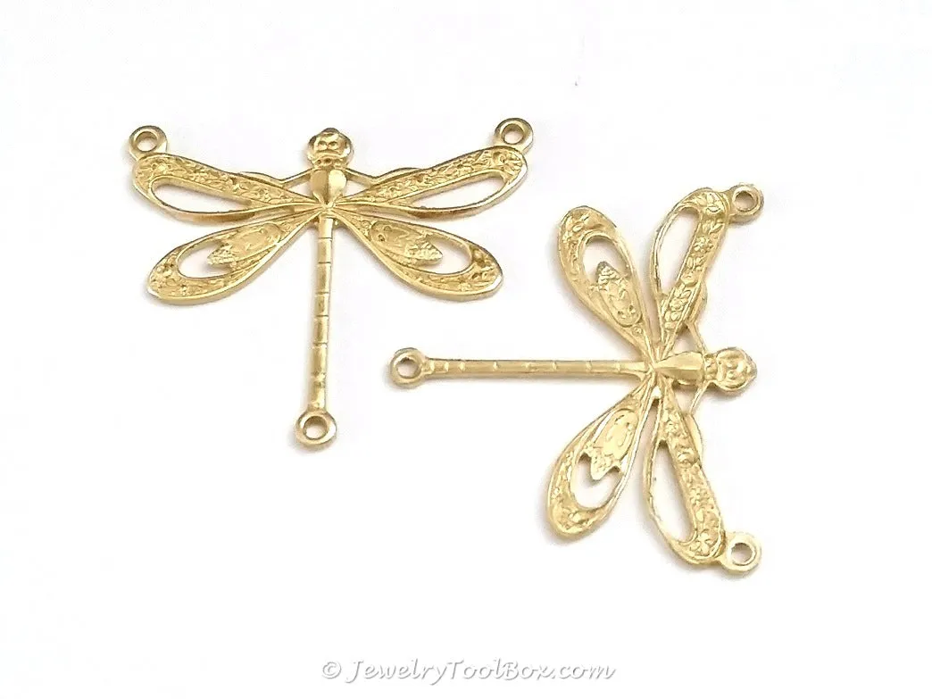 Large Filigree Dragonfly Pendant Connector Charm, 3 Loops, Brass, Lot Size 10, #10R