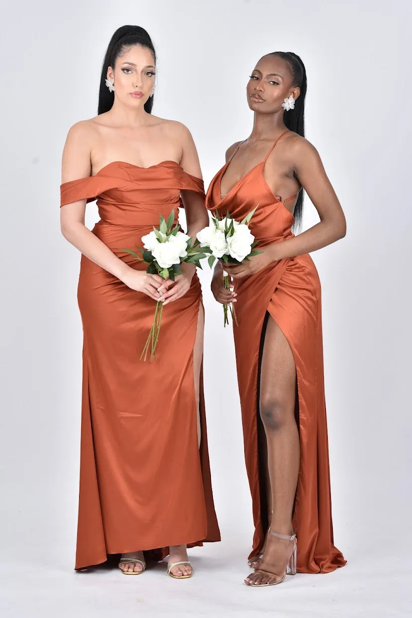 OLIVIA Satin Cowl Neck Bridesmaids Maxi Dress with Cross Back - Rust / Burnt Orange