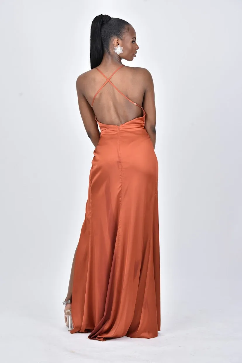 OLIVIA Satin Cowl Neck Bridesmaids Maxi Dress with Cross Back - Rust / Burnt Orange