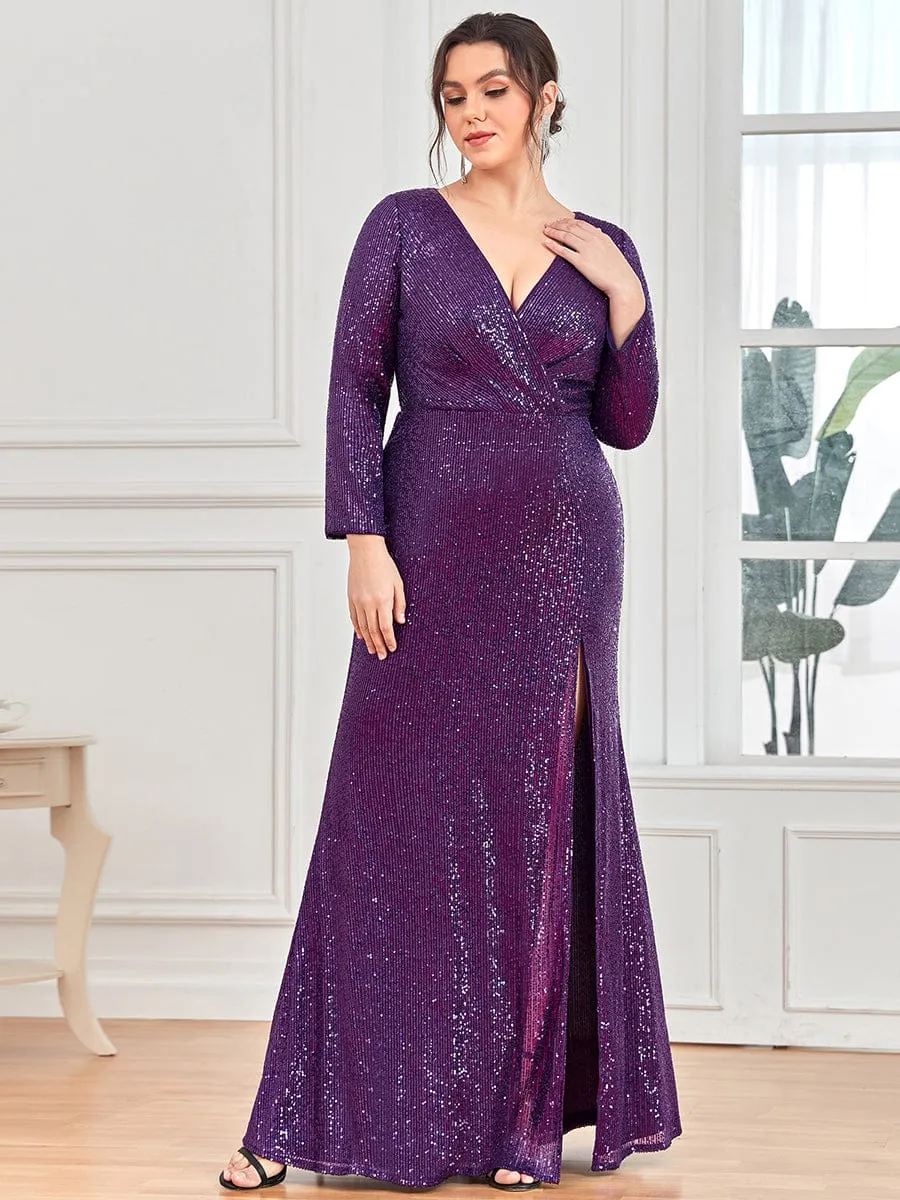 Shiny V Neck Sequin Long Sleeves Evening Dress