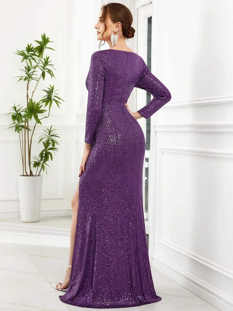 Shiny V Neck Sequin Long Sleeves Evening Dress